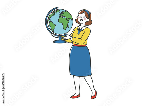 Globe in hand: a smiling woman carefully cradles a globe, showcasing the world in a classroom or educational setting. A simple yet powerful image that communicates knowledge and exploration.