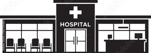 Hospital Building Silhouette with Reception Area and Waiting Room Interior Design