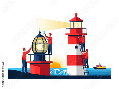 Guiding Light and Labor: A team of dedicated workers maintain the majestic lighthouse, symbolizing safety, guidance, and unwavering effort.