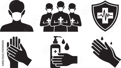 Hygiene and Protection Icons Featuring Masks, Hand Sanitizer, and Medical Shield Symbols