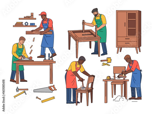 Crafting Harmony: A series of illustrations depicts a skilled craftsman meticulously engaged in carpentry, showcasing precision in construction of each object.