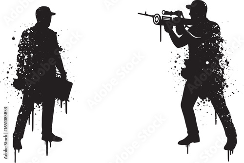 Black and white illustration of a armed person aiming at a busin