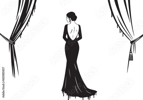 Elegant woman in evening gown silhouette framed by stylized curt