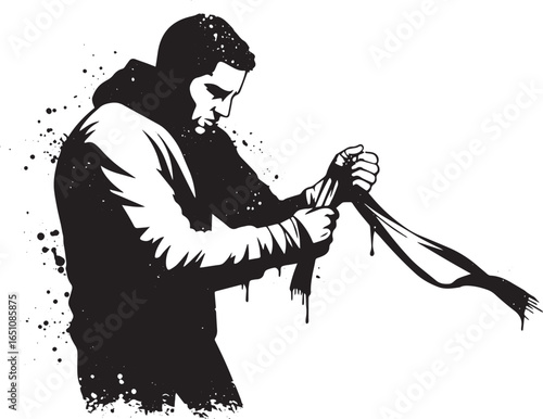 Monochrome preparation illustration of fighter wrapping hands wi