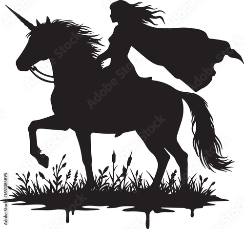 Silhouette of a fearless woman riding a majestic unicorn in a fa