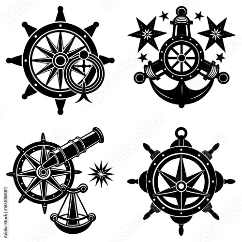 Collection of nautical themed black and white icons featuring wheels anchors and other maritime elements