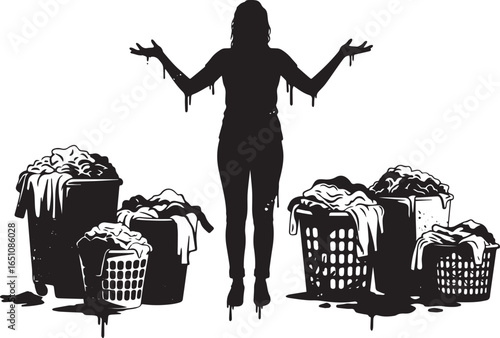 Woman's silhouette overwhelmed by laundry, depicting domestic ch