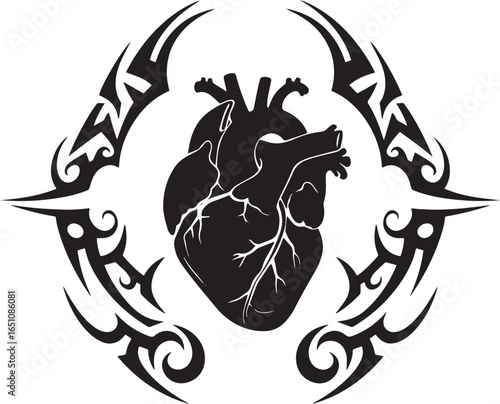 Stylized human heart encased in a tribal tattoo design creates b