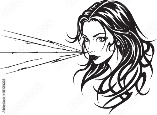 Elegant woman emitting powerful energy beams illustration in bla