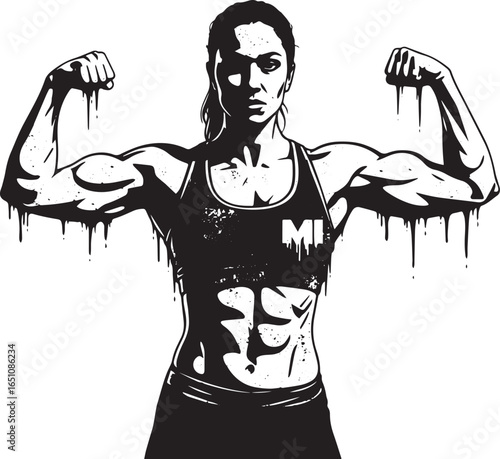 Graphic illustration of a muscular woman flexing biceps on white