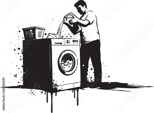 Monochrome illustration of a person doing laundry, adding deterg