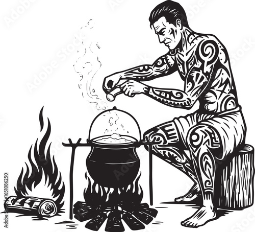 Tattooed man cooking in a pot over campfire, isolated on white b