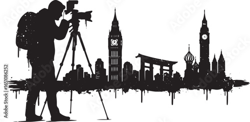 Silhouette photographer with urban landmarks, capturing world ic