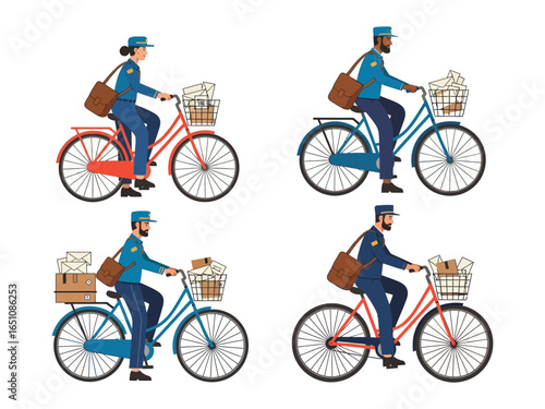 Postal Service: A collection of delivery personnel, each on a bicycle, expertly navigating their routes, ready to deliver parcels and mail promptly.