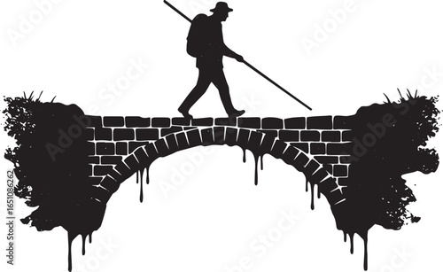 Silhouetted traveler crosses ancient stone bridge on a spiritual