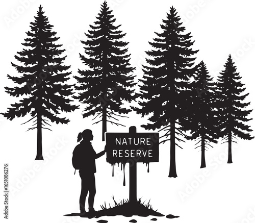 Silhouette of a hiker stands by a nature reserve sign surrounded