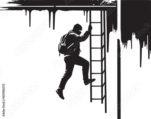 Stylized Silhouette of a Person Ascending a Ladder with Urban Ba