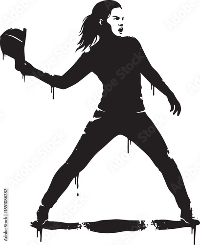 Monochrome stencil style image featuring a woman throwing an obj