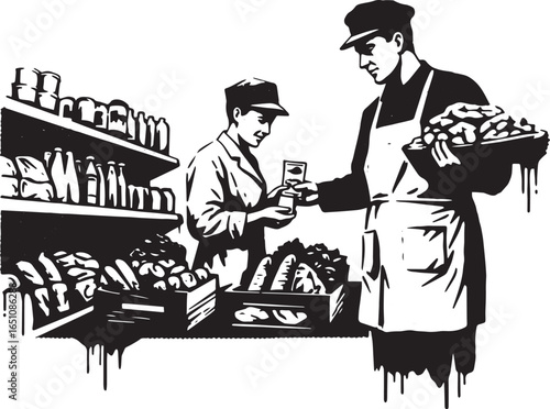 Monochrome illustration depicting grocery shopping in a retro gr