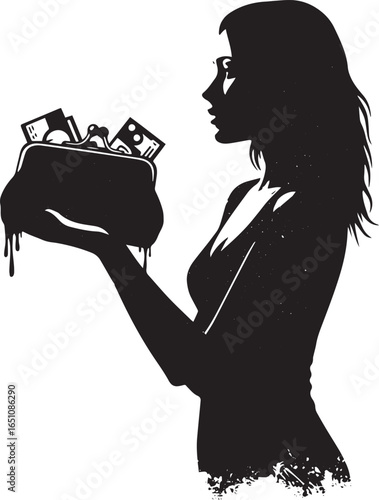 Silhouette of woman holding a dripping purse full of money, fina