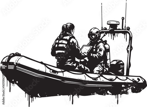 Maritime mission coordination monochrome illustration with woman