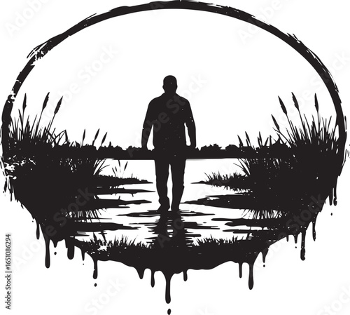 Silhouette man traversing watery marsh, symbolic journey contemp