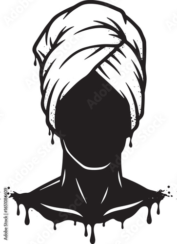 Striking monochrome graphic of a person with head wrapped in sty