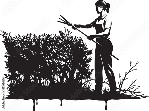 Silhouette of a woman pruning a lush hedge, embodying garden mai