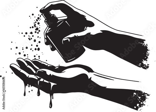Stylized monochrome illustration of hands applying sanitizing sp