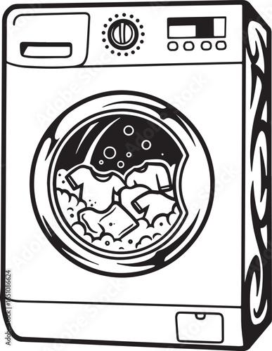 Stylized Washing Machine Icon with Clothes Inside for Laundry Se