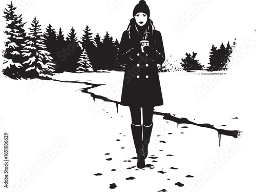 Monochrome winter solitude: A woman's contemplative stroll throu