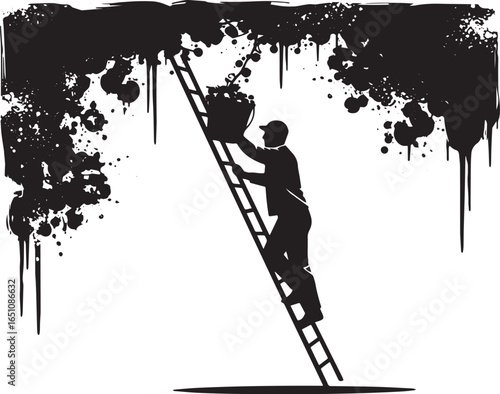 Silhouette of a grape harvester on a ladder with abstract grunge
