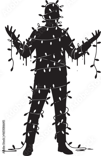 Silhouette figure wrapped in festive string lights against a whi