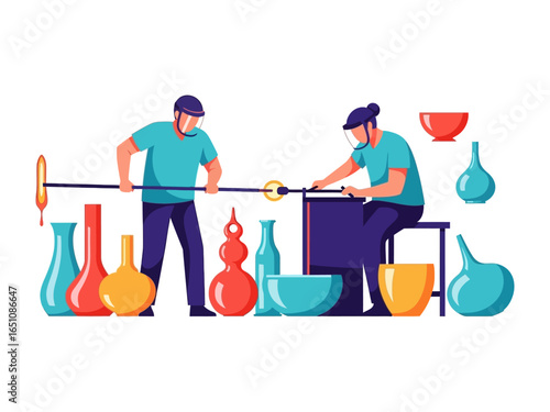 Artisans at Work: A dynamic illustration captures two skilled artisans at work, meticulously shaping molten glass into elegant vases and bowls.