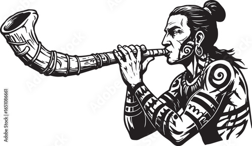 Detailed monochrome illustration of a tribesman blowing into a l