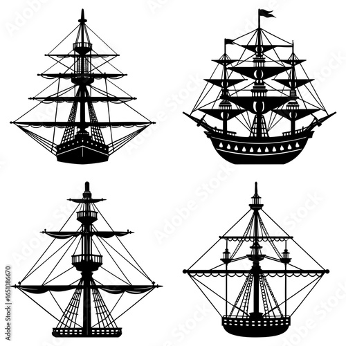 Silhouetted collection of four different sailing ships with intricate rigging and masts on white background
