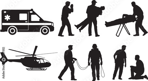 Emergency Medical Services Team Silhouette Set Ambulance Helicopter Rescue Aid Workers Scene