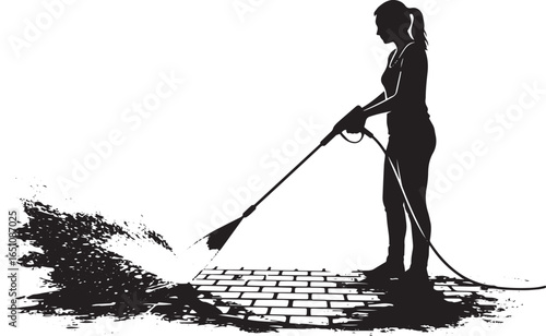 Monochrome silhouette of a woman power washing a brick surface o