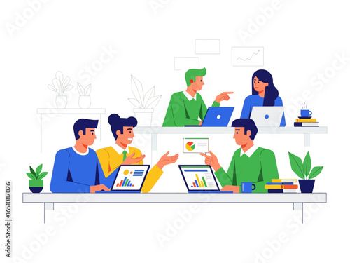 Digital Collaboration: A lively group of professionals collaborate in a dynamic business environment, engaged in insightful discussions surrounding data visualization.