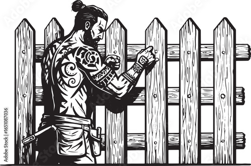 Craftsman repairing a rustic wooden fence with tribal tattoos on