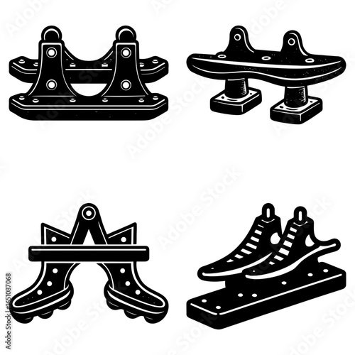 Illustration showing four different types of shoe stretchers in a black and white drawing style