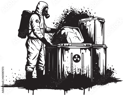 Hazmat suited worker disposing of hazardous waste in black and w