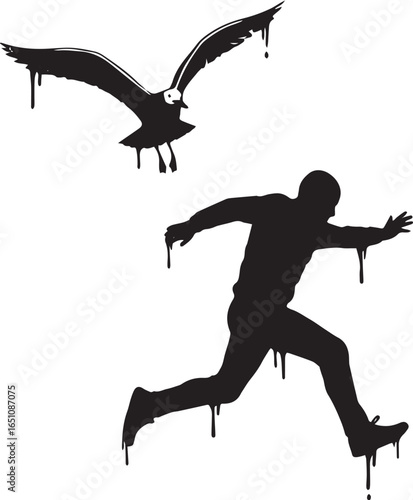 Silhouette of a Running Man Dodging a Dripping Bird in a Minimal