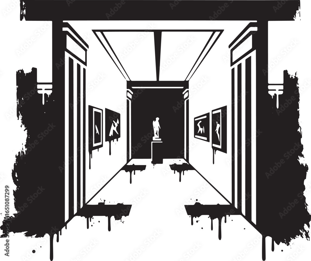 Naklejka premium Striking monochrome graphic depicting an art gallery hallway wit