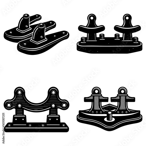 Illustration featuring four distinct boat cleats designs in a black and white color scheme
