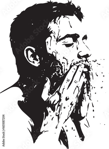 Monochromatic depiction of a man washing his face with water dro
