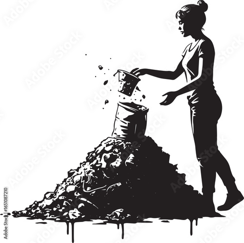 Graphic depiction of a woman tossing organic refuse into a overf
