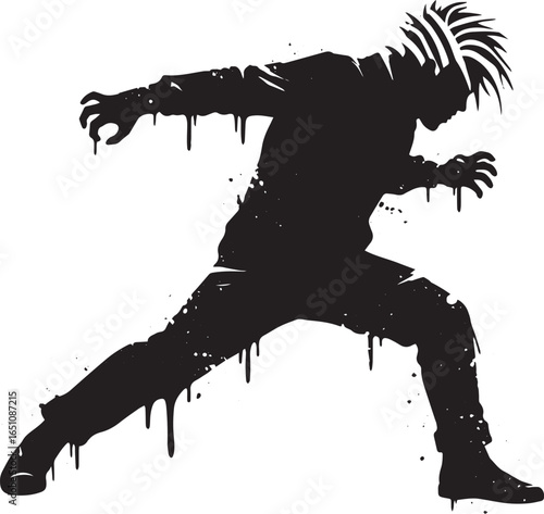 Dynamic silhouette of a man in action pose with splattered black