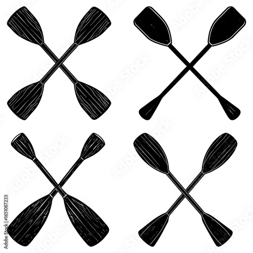 Illustration featuring four crossed pairs of black paddles on a white background in a symmetrical layout