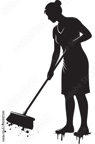 Silhouette of a woman sweeping, embodying cleanliness and domest